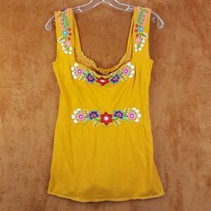 CAROLINA K Womens Top Medium Yellow Pullover Tank Floral Embroidered Bohemian
